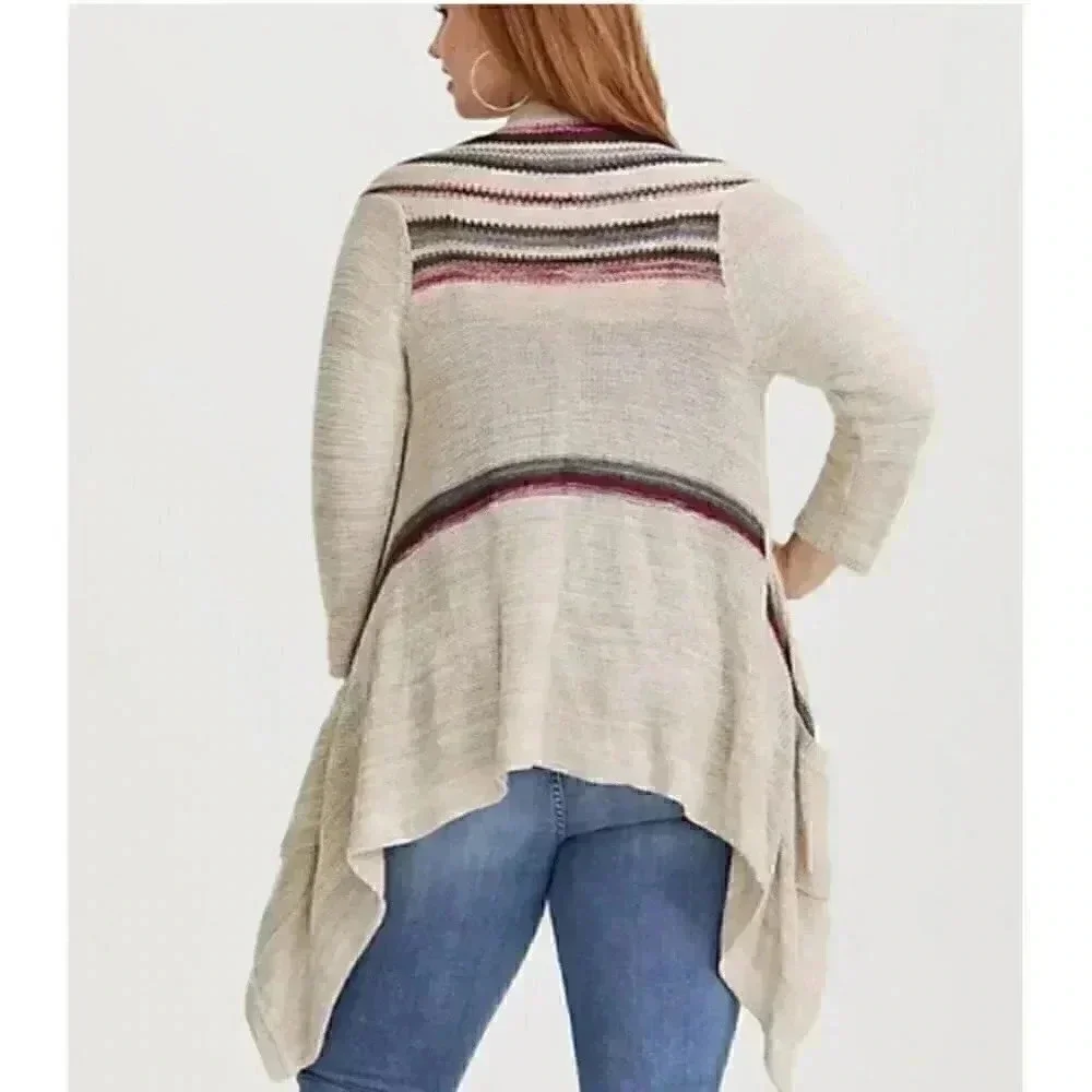 Torrid Women 0X Waterfall Striped Sweater Beige Cotton Rayon 3/4 Sleeve Boho - Picture 2 of 10